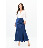 Kadın Midi Boy Yüksek Bel Dökümlü Saten Etek 6275-24 (Lacivert)