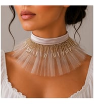 Pudra Renk Organze Tül - Saten - Pudra Renk El İşi Boncuk Kadın Choker