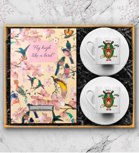 Kişiye Özel Kuş Motifli Defter & 2'li Yılbaşı Tasarımlı Türk Kahve Fincanı Hediye Seti