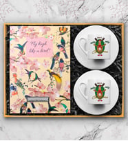 Kişiye Özel Kuş Motifli Defter & 2'li Yılbaşı Tasarımlı Türk Kahve Fincanı Hediye Seti