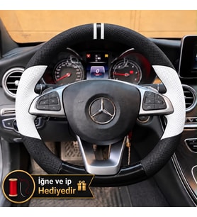 Mercedes GLA Dikme Direksiyon Kılıfı Delikli Deri Parlak Siyah Beyaz Detay Çift Yüzük ve Dikiş 2017-2020