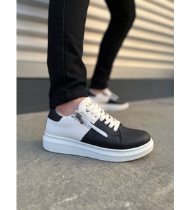 Warrior Bağcıklı ve Fermuarlı Cilt Erkek Günlük Sneaker Ayakkabı CBT - Beyaz/Siyah