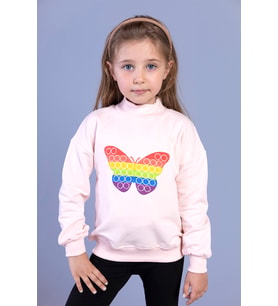 Toontoy Kız Çocuk Pamuklu Balıkçı Yaka Popıt Desenli Sweatshirt (Pudra)