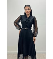 Dantel Kumaş Plise Detaylı Midi Elbise - SİYAH