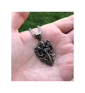 Viking Gotik Witchcraft Haç Vintage Ejder Kanatlı Zirkon Taş 316L Çelik Unisex Kolye (Gümüş)