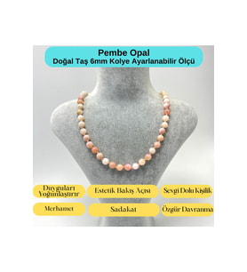 SERTİFİKALI Pembe Opal Doğal Taş 6mm Makrome Kolye 45cm- 55cm Ayarlanabilir Ölçü