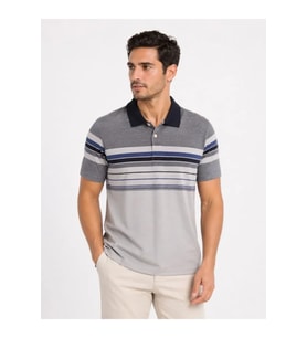 Erkek Flamlı Penye Çizgili Polo Yaka Tişört Kısa Kol Yazlık T-Shirt - Gri
