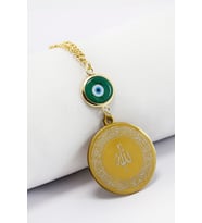 Yeşil Cam Nazar Boncuklu Gold Çelik Allah Lafzı Ayetel Kürsi Felak Nas İhlas Dikiz Ayna Süsü (3,5cm)