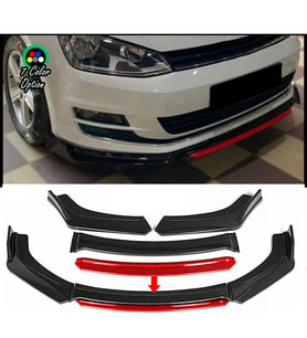 Vw Golf 7 - 7 FL Kırmızı Renkli Şeritli Dilli Ön Lip 4 Prç Parlak Siyah ABS 2012 - 2019