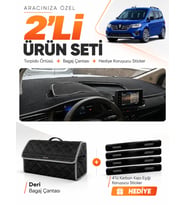 RENAULT KANGOO (2023-2026) Uyumlu Torpido Örtüsü + Deri Bagaj Çantası + Sticker Seti - Siyah Gri