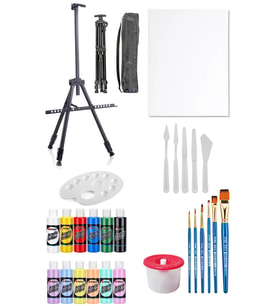 Rich Mastermix Akrilik Boya Seti 12 Renk 3 Ayaklı Şövale 35x50 Tuval Metal Şövale Plastik Spatül Set