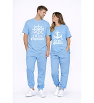Sevgili Kombini Oversize Çift Tişört Unisex Captain Anchor Baskılı Matching Couple Partner 2'li Set (Mavi)