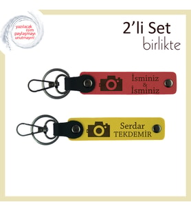 Fotoğraf Çekmeyi Sevenlere, Kamera Temalı, Kişisel 2’li Anahtarlık Hediye Seti, Nar Çiçeği-Sarı