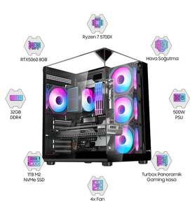 Dragos DRx7933 Ryzen 7 5700X 32GB Ram 1TB M2 NVMe SSD Gigabyte Windforce 8GB RTX5060 Oyuncu Hazır Sistem