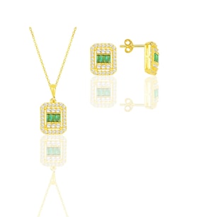 Gümüş  altın yaldızlı baget kesim kök zümrüt taşlı çizgili ikili set SGTL11570YESIL (Rose)