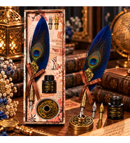 Tavus Kuşu Tüy Divit Kalem Seti Mürekkepli Metal Standlı Vintage Kaligrafi Hediyelik
