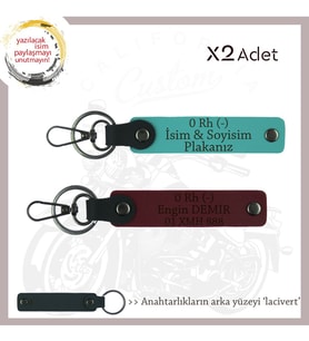 Motorcu Yolcular İçin, İsim Plaka ve 0 Rh (-) Kan Grubu Yazılı 2'li Anahtarlık, K Turkuaz-Bordo-Laci (Çok Renkli)