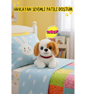 Sesli Havlayan Yavru Köpek Peluş Oyuncak (25 cm) Mavi İri Gözlü - Hediye ve Uyku Arkadaşı (Beyaz)
