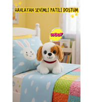 Sesli Havlayan Yavru Köpek Peluş Oyuncak (25 cm) Mavi İri Gözlü - Hediye ve Uyku Arkadaşı (Beyaz)