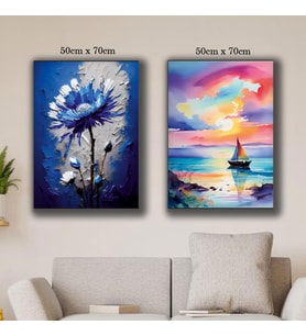 mavi çiçek yelkenli manzara guaj boya görünümlü tablo resim kanvas 2 adet 50x70