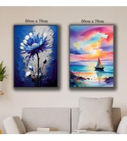 mavi çiçek yelkenli manzara guaj boya görünümlü tablo resim kanvas 2 adet 50x70