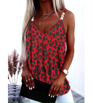Kadın Askılı V Yakalı Boncuk Detaylı Leopar Desenli Süprem Bluz