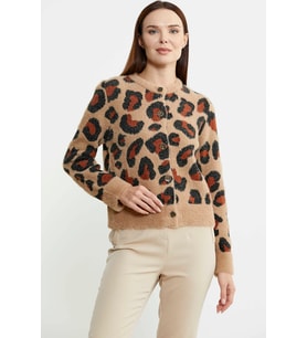 Leopar Desenli Sakallı Triko Hırka - Bej