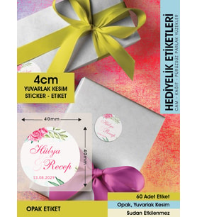 Pembe Gül Etiket Modeli, Ürünlerinize Özel 4cm  - 60 Adet Opak Sticker