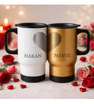 BK Gift Kişiye Özel Sevgili Çift Tasarımlı 2’li Kulplu Beyaz&Gold Çelik Termos Mug 450 ml -12, Sevgiliye Hediye, Sevgililer Günü Hediyesi