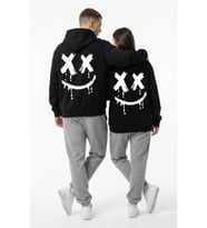 Nevermind Unisex Smile Baskılı Sevgili Kombini Oversize Hoodie Seti (Siyah)