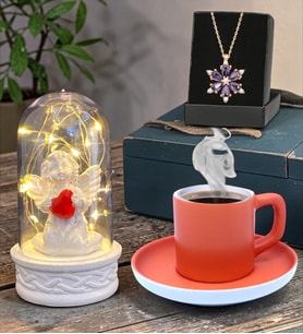 Gerçek Ametist Taşlı Lotus Kolye, Led Işıklı Beyaz Melekli ve Turuncu Kahve Fincanı
