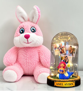 Kişiye Özel 3 Fotoğraflı LED Işıklı Fanus ve Pembe Peluş Tavşan Hediye Seti (deniz kızı biblolu )