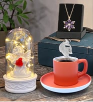 Gerçek Ametist Taşlı Lotus Kolye, Led Işıklı Beyaz Melekli ve Turuncu Kahve Fincanı