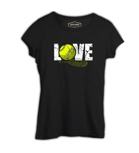 Tenis - Love Raket ve Top Siyah Kadın Tshirt