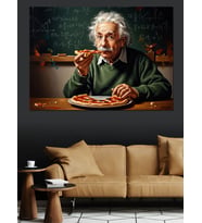 Pizza Yiyen Albert Einstein Dekoratif Kanvas - Mdf Ahşap Tablo