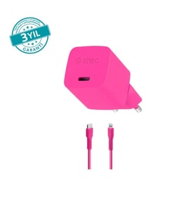 Ttec SmartCharger GAN 20W PD Seyahat Hızlı Şarj Aleti + USB-C - Lightning 120cm Kablo Neon Pembe