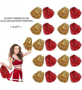 Kırmızı Altın Metalik Dolgun Gösteri Ponponu 20 Adet (10 Çift)