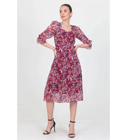 Neşeli butik kadın bordo kalp yaka yeni sezon desenli şifon elbise RY0030