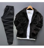 Unisex Siyah Peluş Polar Hırka Gömlek Siyah Eşofman Altı Takım