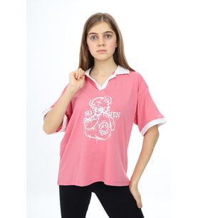 Kız Çocuk Polo Yaka Garnili T-Shirt 9-14 Yaş Lx018 ANGELOS GIRLS (Gül Kurusu)