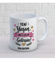 Kişiye Özel Yeni Yaşın Mutluluk Getirsin Baskılı Kupa – Renkli Isimli Doğum Günü Kupas