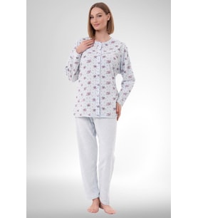 Mecit 6315 Mavi Kadın Boydan Düğmeli Büyük Beden Pijama Takımı
