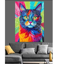 Renkli Popart Kedi Yüzü Dekoratif Kanvas - Mdf Ahşap Tablo