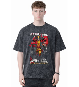 Tasarım Deadpool Wolverine Film Kahramanı Baskılı Unisex Oversize Eskitme Yıkamalı Tişört
