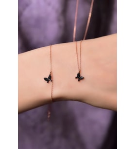 925 Ayar Gümüş Rose Kaplama Zirkon Taşlı Mini Kelebek Kolye Ve Bileklik Set (Siyah)