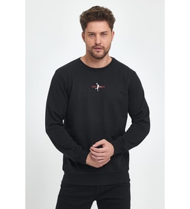 Erkek Siyah Bisiklet Yaka Nakış Detaylı Regular Fit Sweatshirt