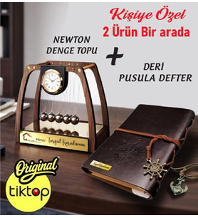 Kişiye özel isimli Tiktop & Newton Denge Topu + Pusula Deri Defter 2' Lİ SET