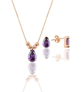 Söğütlü Silver Gümüş rose ametis renkli dorica damla kolye ve çivi modeli küpe seti