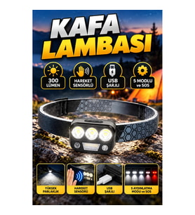 300 Lümen LED Kafa Lambası – Hareket Sensörlü, USB Şarjlı, 5 Modlu ve SOS Işıklı
