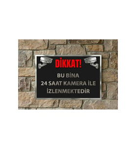 Dikkat 24 Saat Kamera ile İzlenmektedir Uyarı Levhası – Metal Tabela Siyah Gümüş Tasarım 20x30 cm